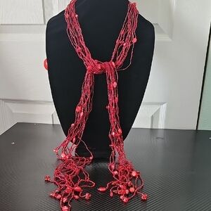 Boho Red Multi-Strand Seed Bead Tie Necklace | Fringe Statement | 30" Drop